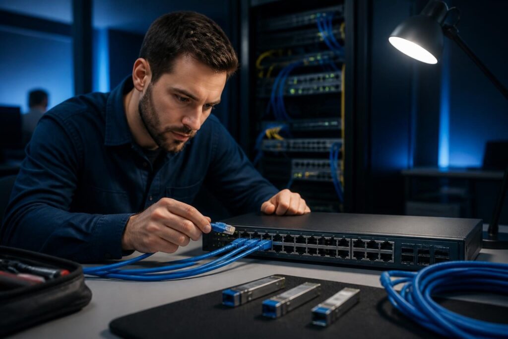 Ethernet link negotiation intermittent troubleshooting with a technician testing network cables and switch ports