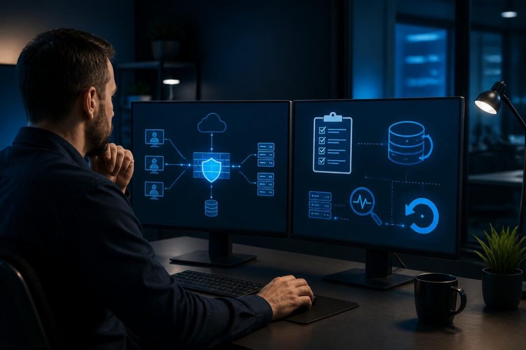Firewall change planning and rollback procedure checklist on a network administrator’s workstation