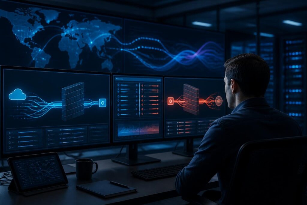 Firewall IPv6 rule troubleshooting with IPv4 and IPv6 traffic paths compared on a network security workstation