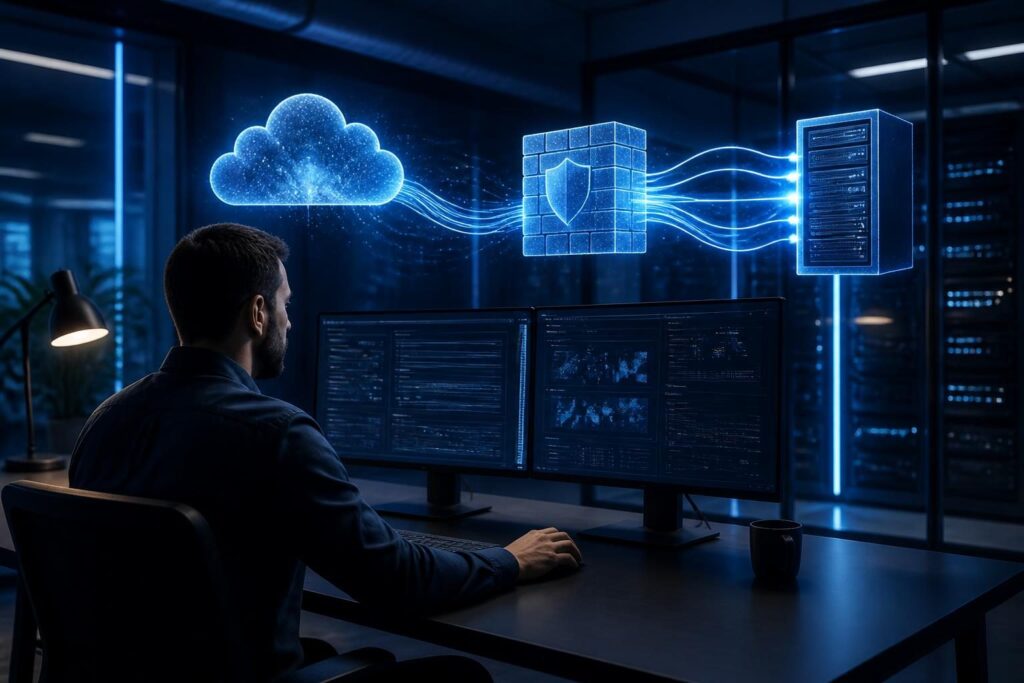 Firewall NAT port forwarding troubleshooting shown on a network security dashboard