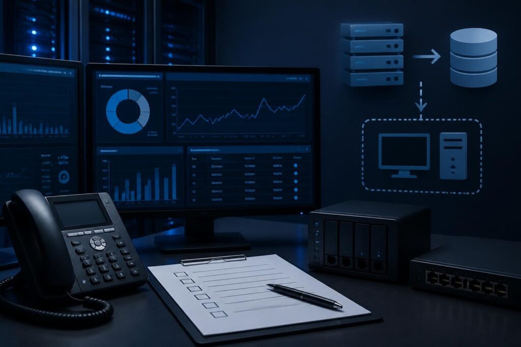 FreePBX backup restore testing procedure checklist beside a business VoIP test environment