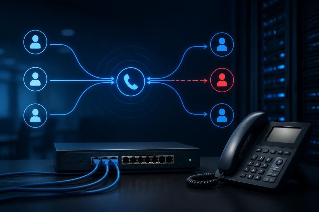 FreePBX inbound calls wrong destination troubleshooting diagram with an office phone and call routing paths