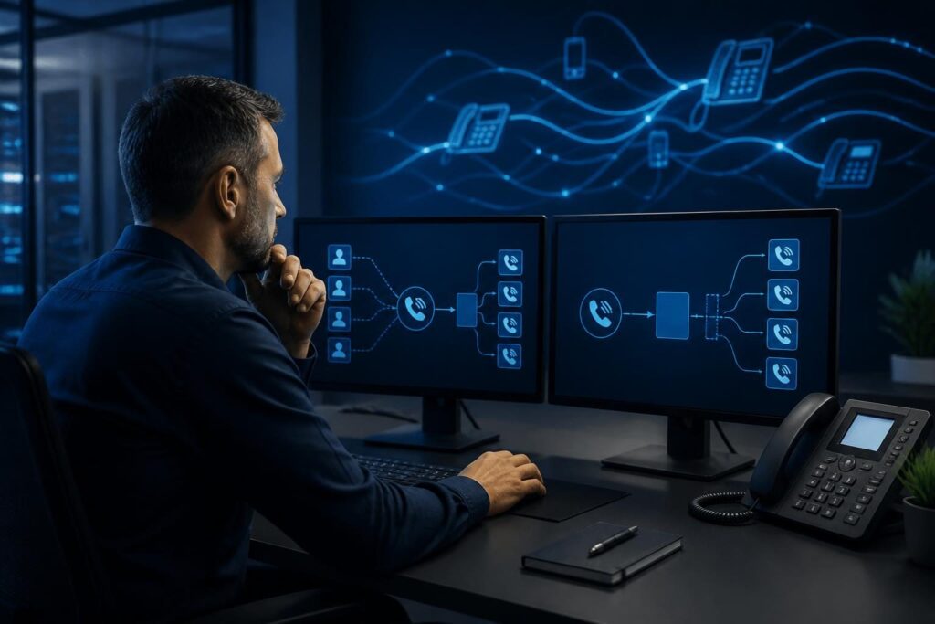 FreePBX outbound caller ID incorrect troubleshooting shown as a technician tracing extension, route, and SIP trunk settings