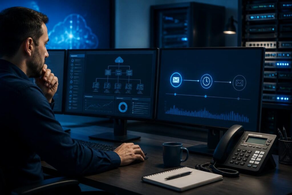 FreePBX voicemail email notification delay troubleshooting shown on a business VoIP and email monitoring workstation