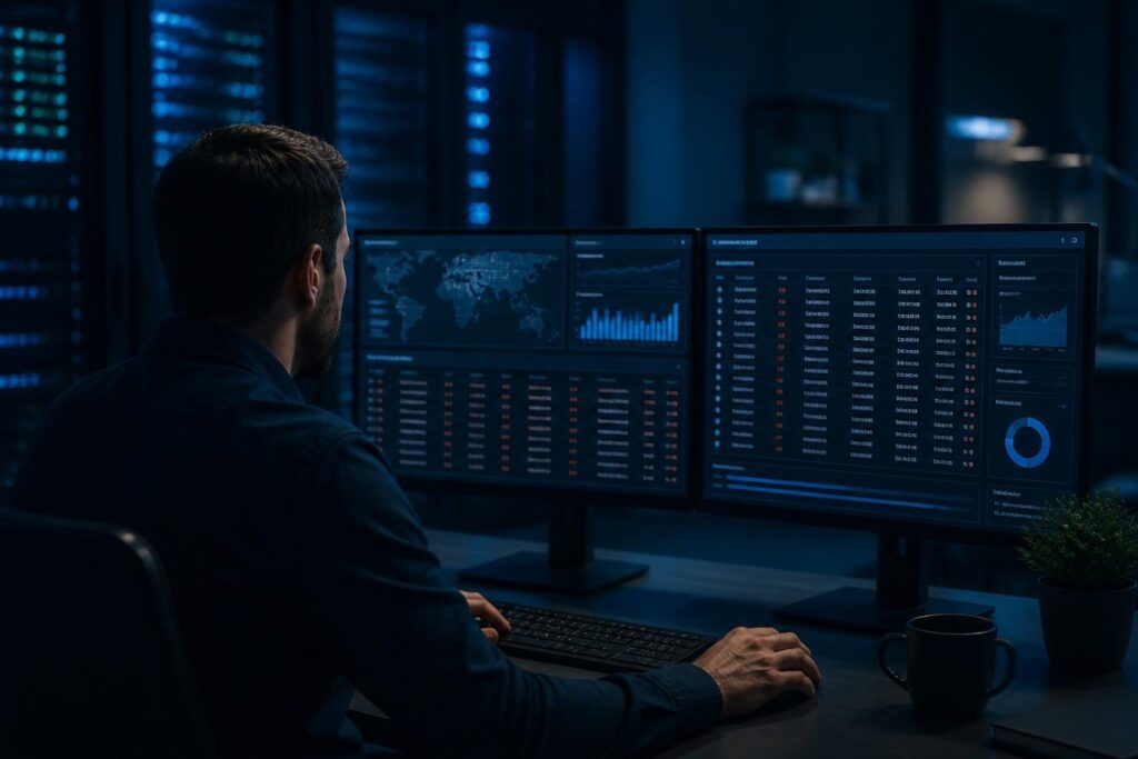 Administrator reviewing how to read firewall logs for blocked traffic on a network security dashboard