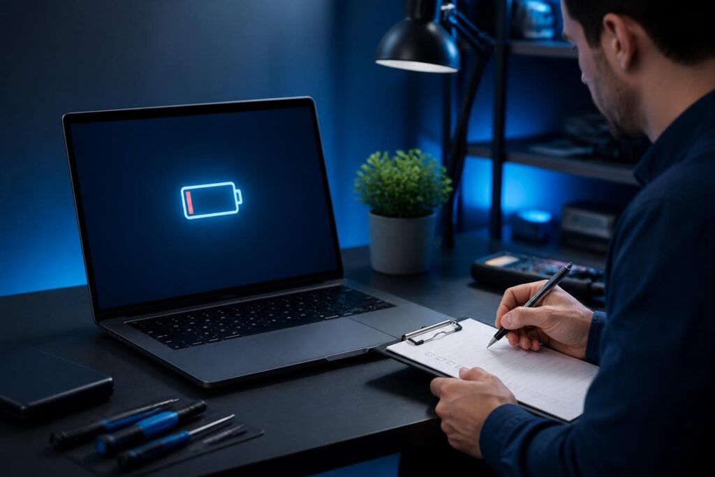 Laptop battery draining quickly troubleshooting checklist on a business laptop