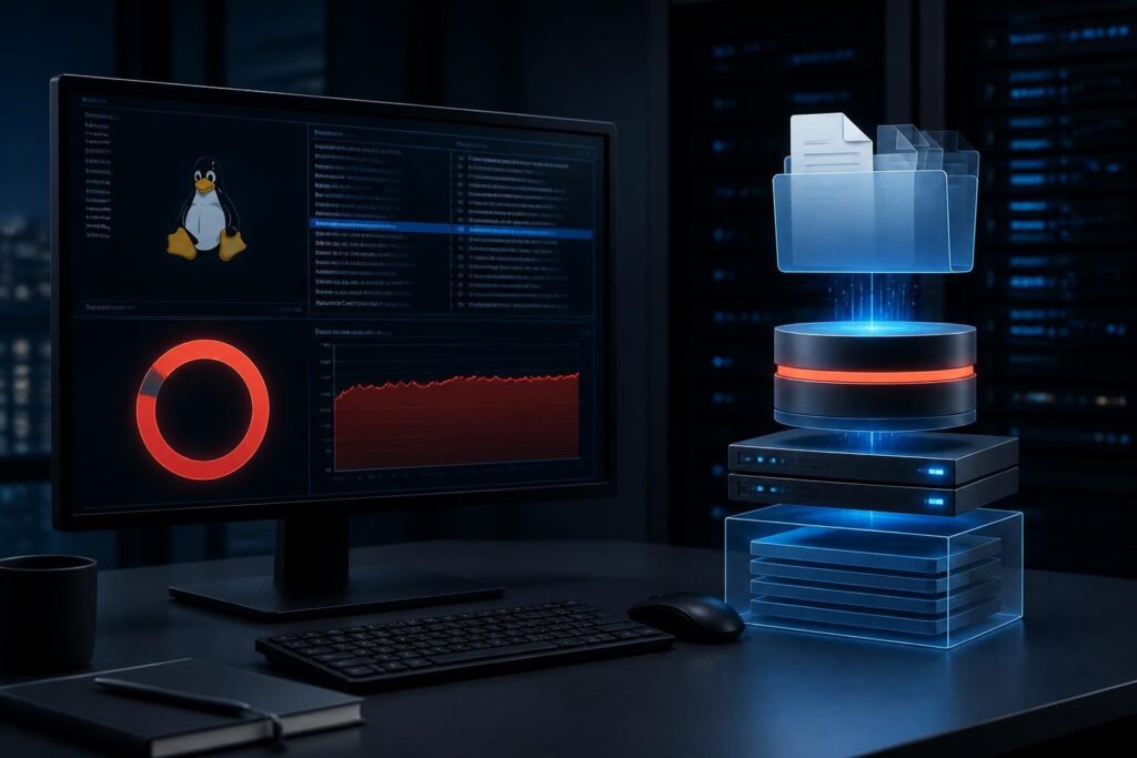 Linux disk full deleted files still open investigation shown on a server monitoring workstation