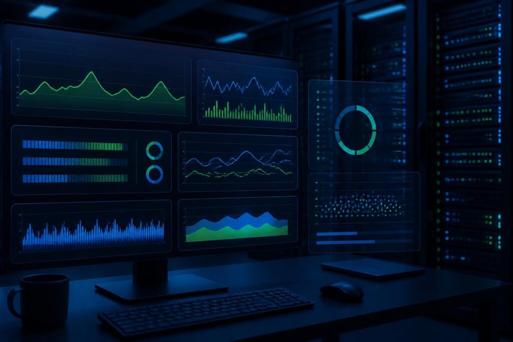 Linux high load average low CPU usage troubleshooting shown through server monitoring charts for storage, memory, and I/O waits