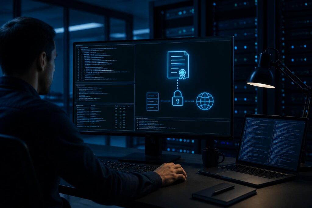 Linux server certificate renewal verification shown on an administrator workstation