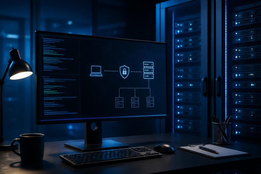 Linux server SSH connection troubleshooting checklist shown on a secure server administration workstation