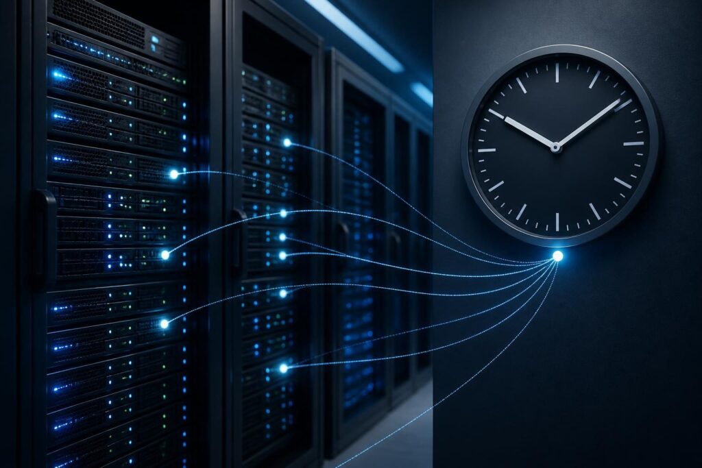 Linux server time synchronization configuration shown with a server rack and synchronized clock