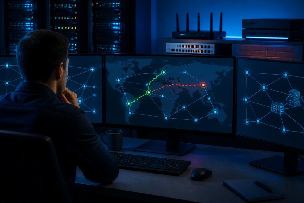 Network traffic takes wrong route troubleshooting shown on a network operations workstation with route paths and firewall equipment