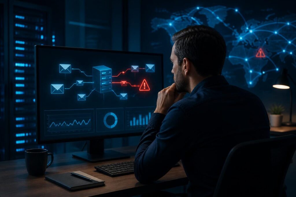 Outgoing email rejected by SMTP server troubleshooting on a business IT dashboard