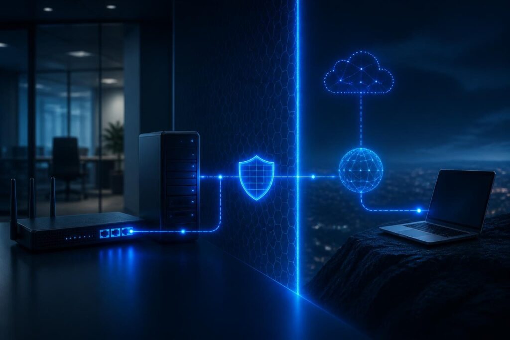 Diagram-style editorial image for remote access works internally not externally showing a firewall between an office server and an outside laptop