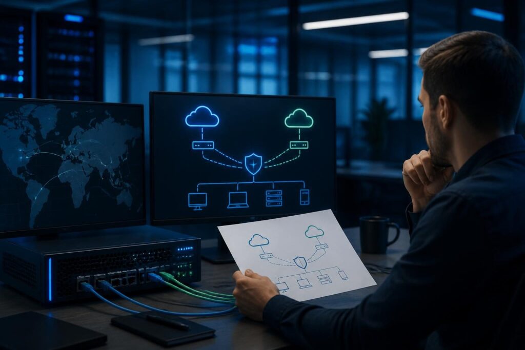 Small business network internet failover planning diagram with dual internet connections and firewall