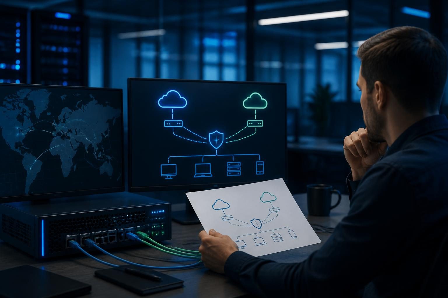 Small business network internet failover planning diagram with dual internet connections and firewall