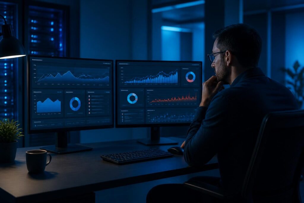 Administrator reviewing small business network monitoring alert thresholds on a dashboard