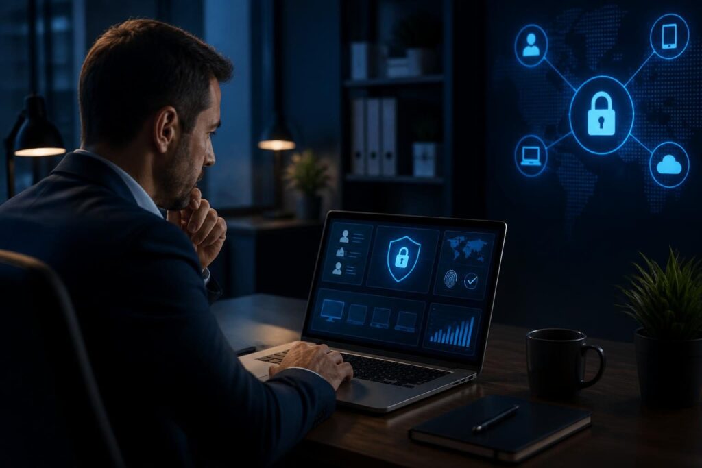 Small business remote access security policy displayed conceptually through a secure laptop and access control dashboard
