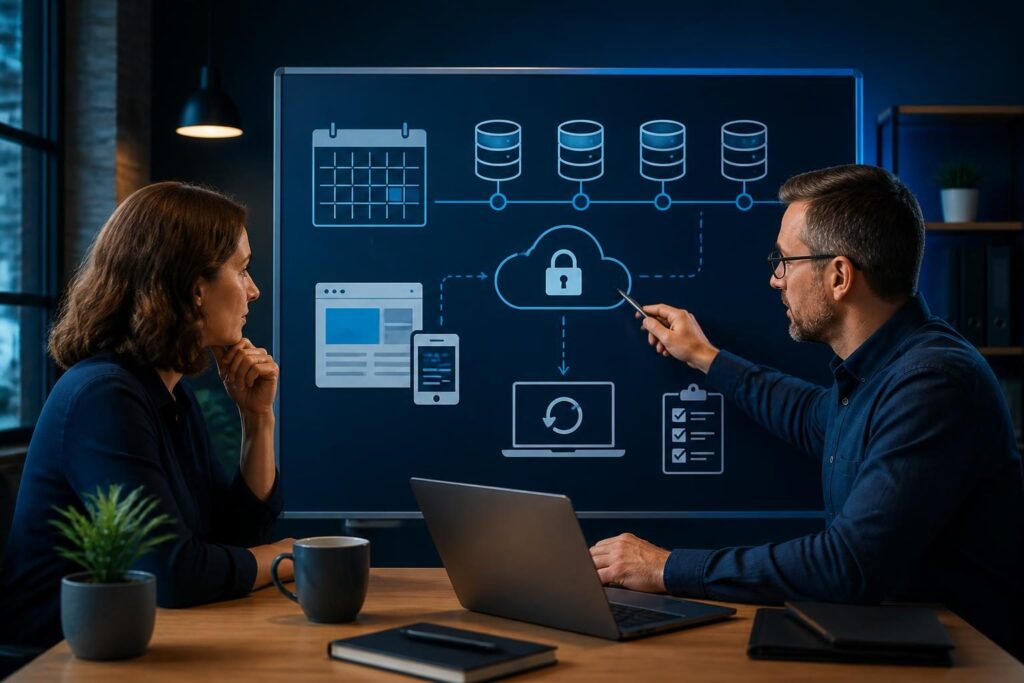 Small business website backup retention plan shown on a recovery planning board with secure storage and restore testing checklist