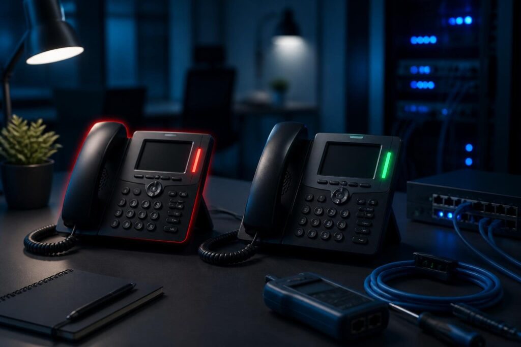 VoIP calls fail from one extension troubleshooting with two business desk phones compared side by side