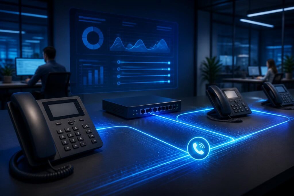 VoIP QoS configuration for small business network with desk phones and prioritized voice traffic