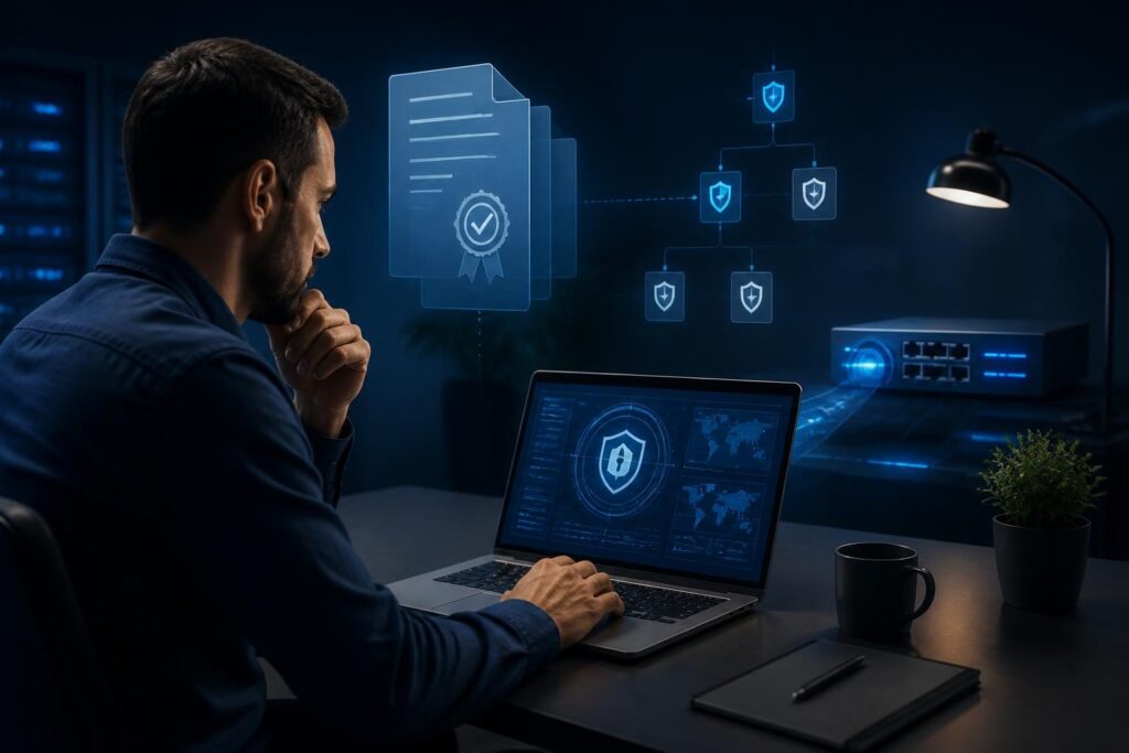 VPN certificate authentication failed troubleshooting shown on a secure IT monitoring screen