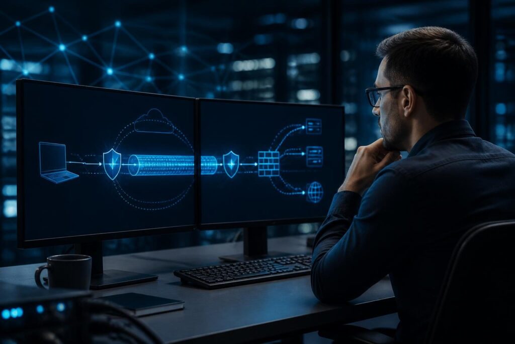 VPN connected but no traffic troubleshooting shown through a secure network routing diagram