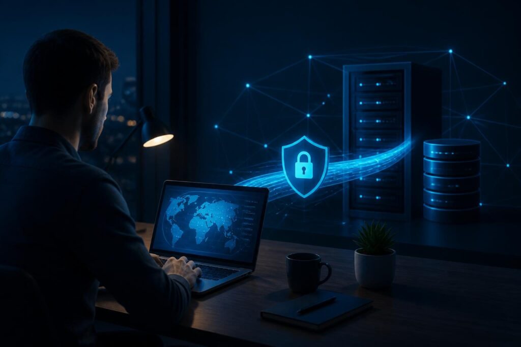 VPN internal DNS resolution troubleshooting shown with a laptop connecting securely to internal DNS and office network services