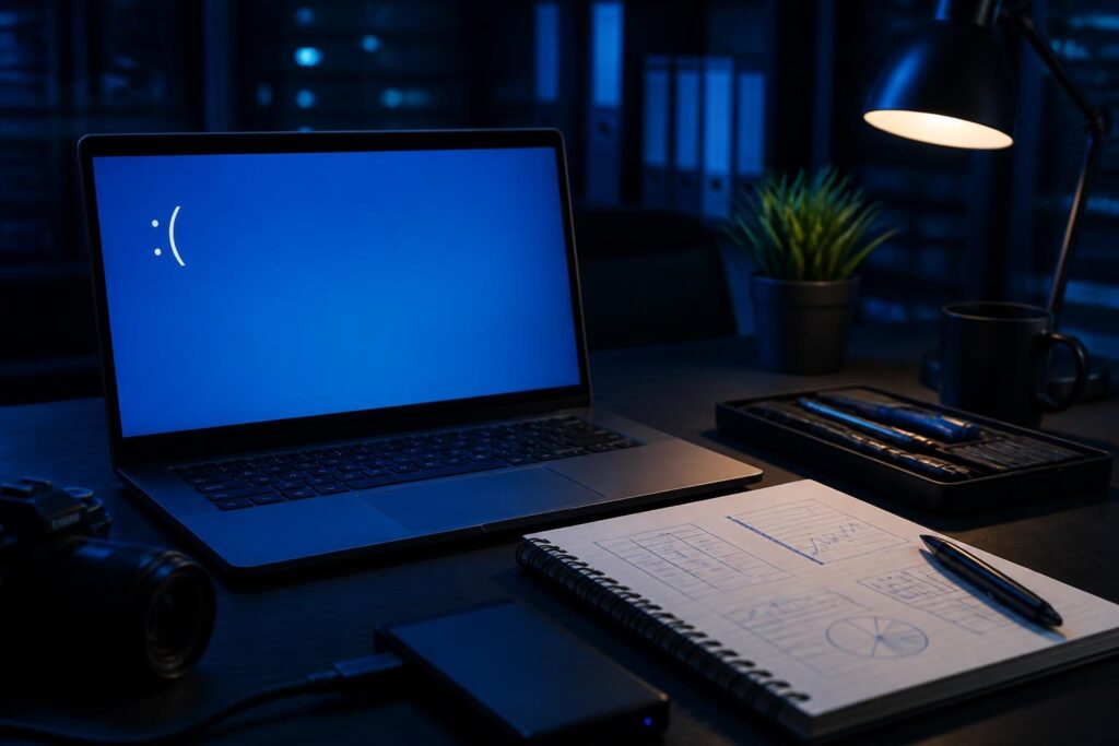 Windows blue screen troubleshooting steps shown on a business laptop beside diagnostic notes