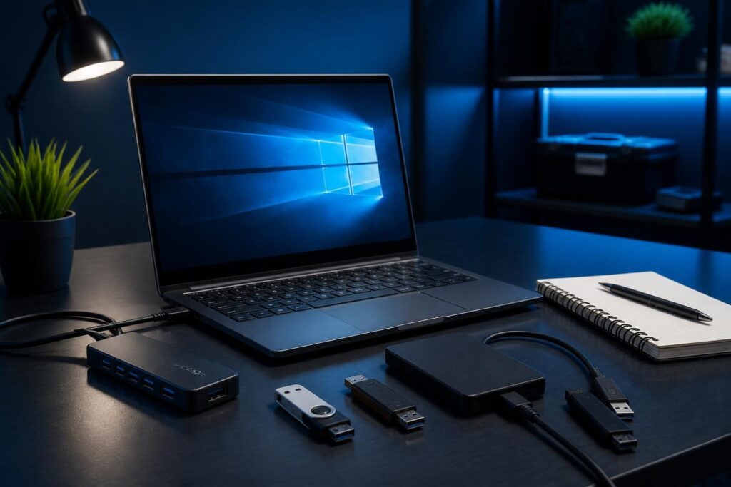 Windows computer not detecting USB device troubleshooting with a laptop, USB devices, and diagnostic equipment