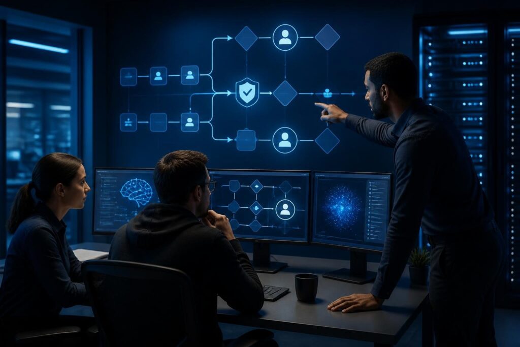 AI automation approval workflow for IT changes shown on a secure operations dashboard