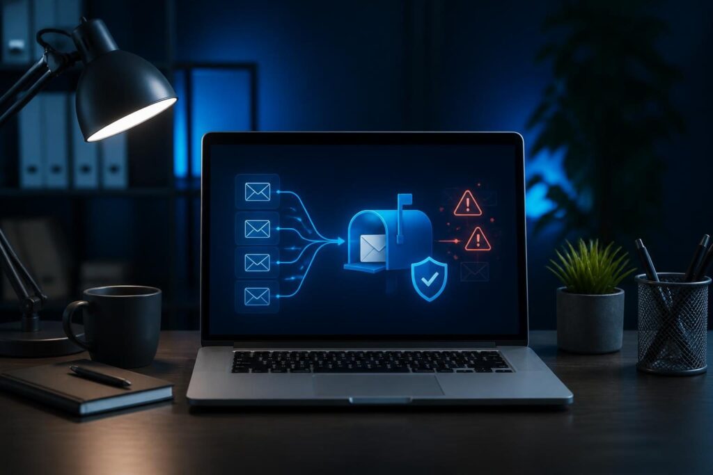 Business domain catch all mailbox configuration shown as a secure email routing and spam monitoring concept