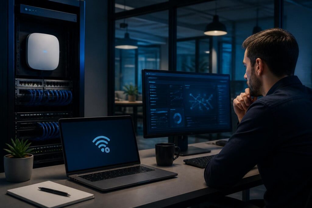 Business Wi-Fi authentication failed troubleshooting checklist on a laptop in a professional office network