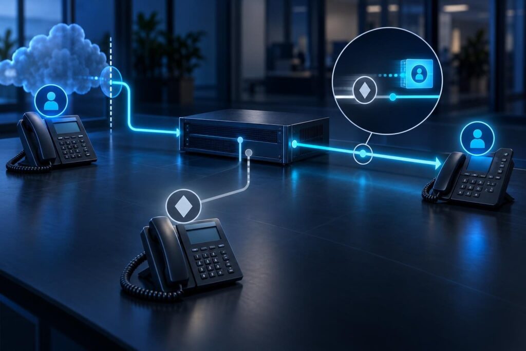 PBX call-leg diagram tracing caller ID during transfers from an outside caller through a receptionist to the receiving phone.