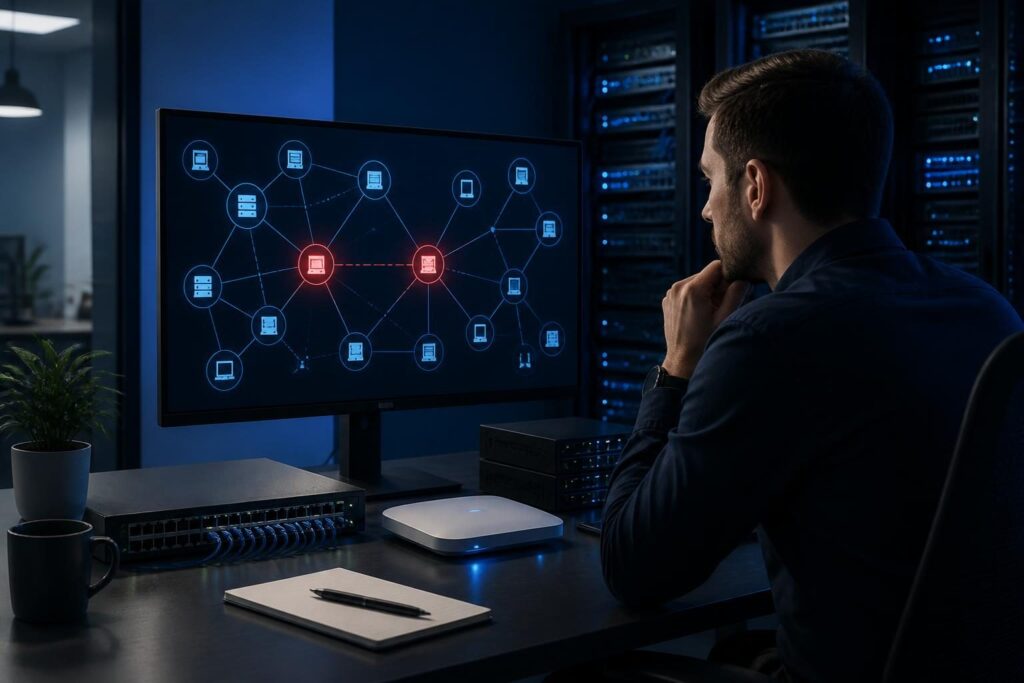 Technician performing duplicate hostname network troubleshooting across business network devices