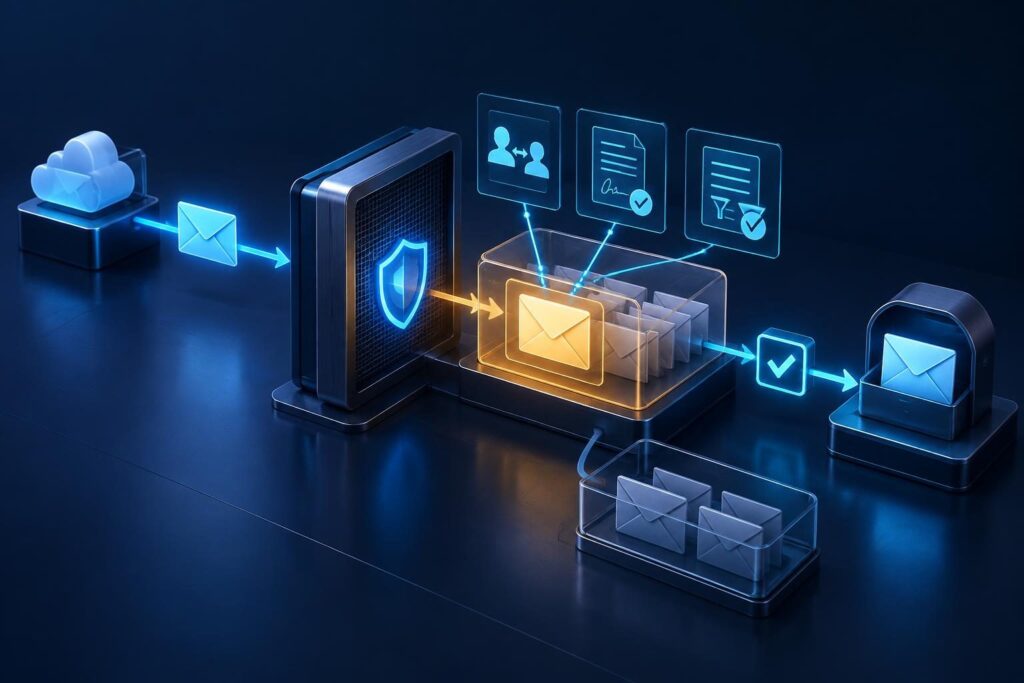An email quarantine review checks message identity and policy evidence before controlled release to a business mailbox.