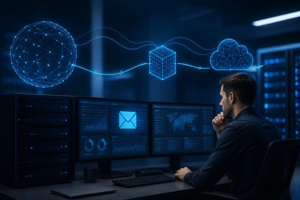 Email rejected missing PTR record troubleshooting shown as a mail server and reverse DNS diagnostic workflow