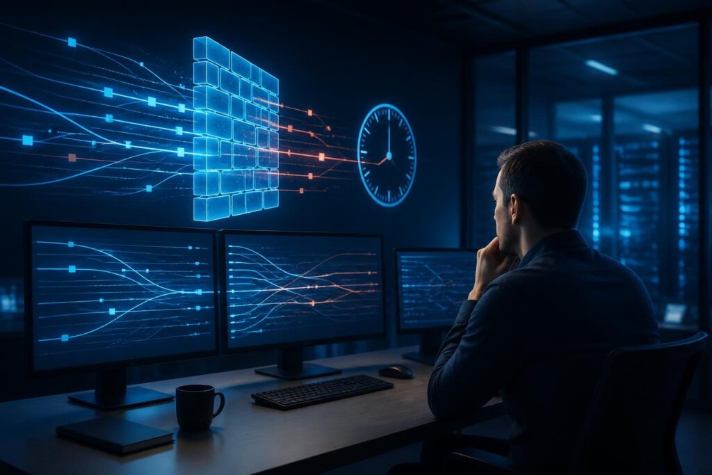 Firewall allowed traffic application timeout troubleshooting shown on a network operations workstation