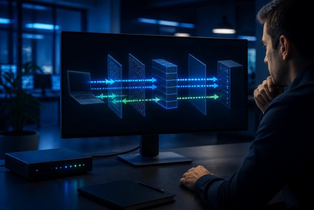 Firewall application rule allows traffic but connection fails while an engineer traces inspection and return paths