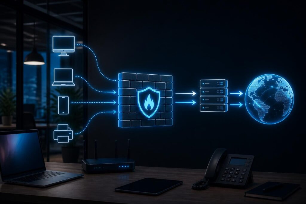 Firewall blocking outbound DNS requests troubleshooting diagram for a small business network