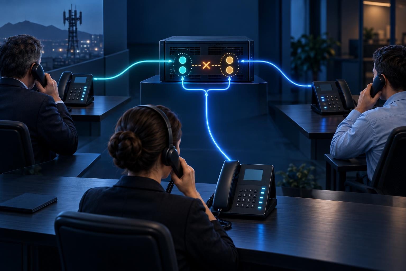 FreePBX attended transfer failures illustrated by a working consultation call and an interrupted PBX handoff between phones.