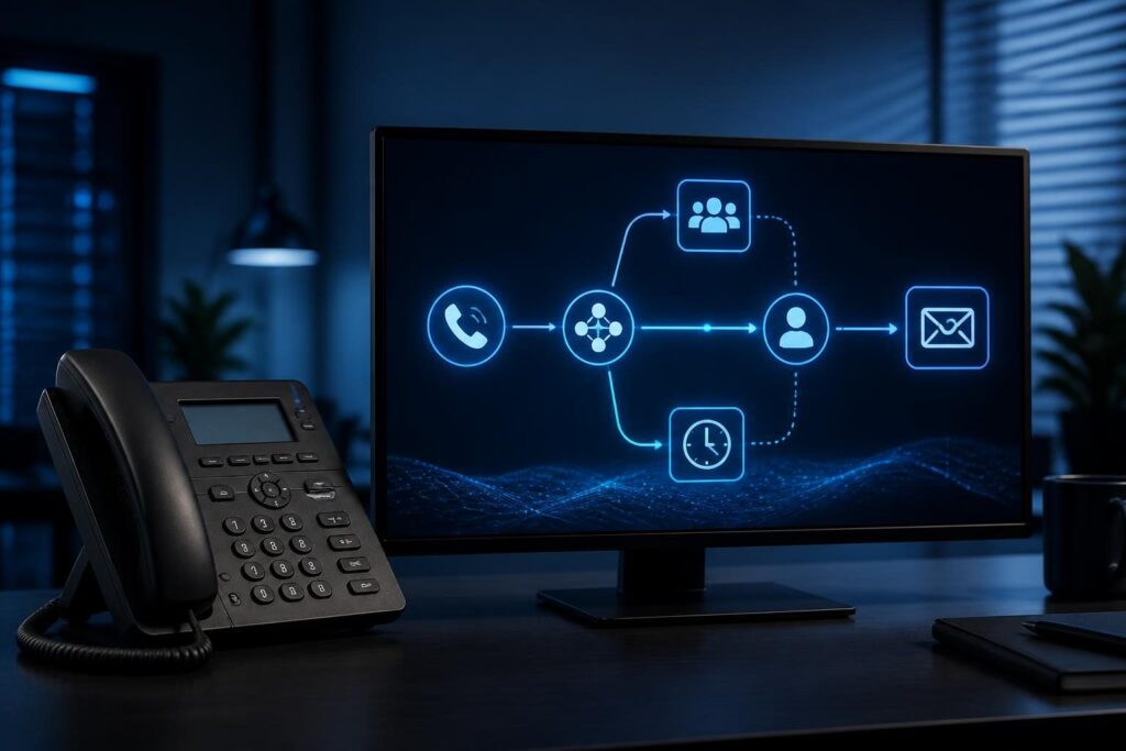 FreePBX calls go straight to voicemail troubleshooting shown through a business VoIP call-routing workspace