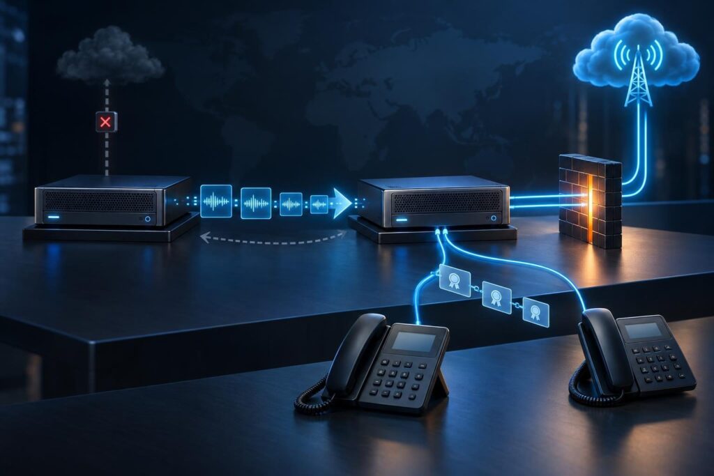 FreePBX migration illustration showing phones, old and replacement PBX servers, carrier routing, and a controlled rollback path.