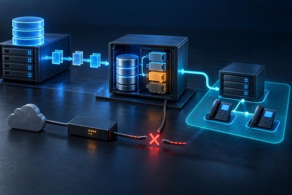FreePBX restore failure shown at a module checkpoint, with an intact backup and an isolated staged PBX recovery path.