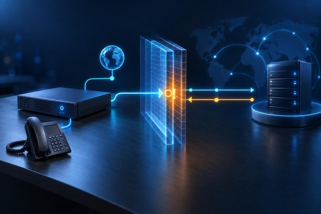 FreePBX trunk registration diagnostic path through DNS, a NAT firewall, and the provider registrar.