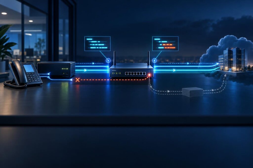 Packet capture checkpoints trace one-way audio after a router change across a PBX, NAT firewall, and provider media path.