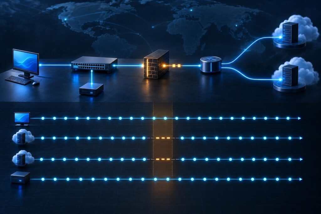 Parallel network probes form a packet loss timeline, comparing a healthy local path with brief gaps on external paths.