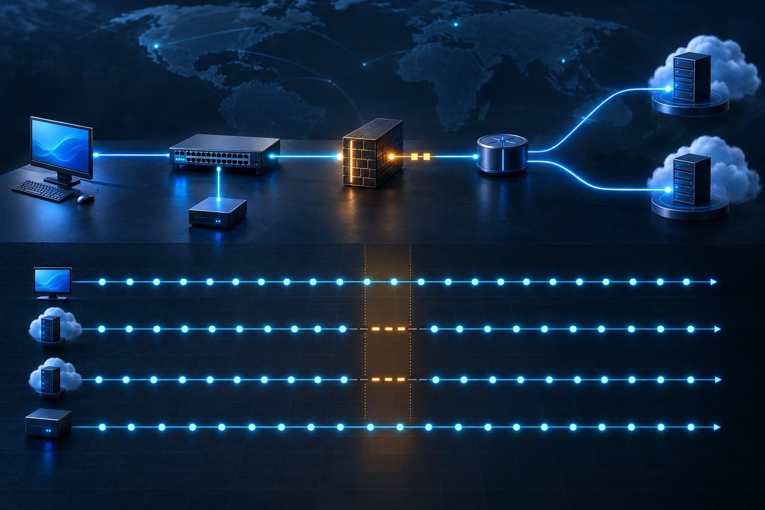 Parallel network probes form a packet loss timeline, comparing a healthy local path with brief gaps on external paths.