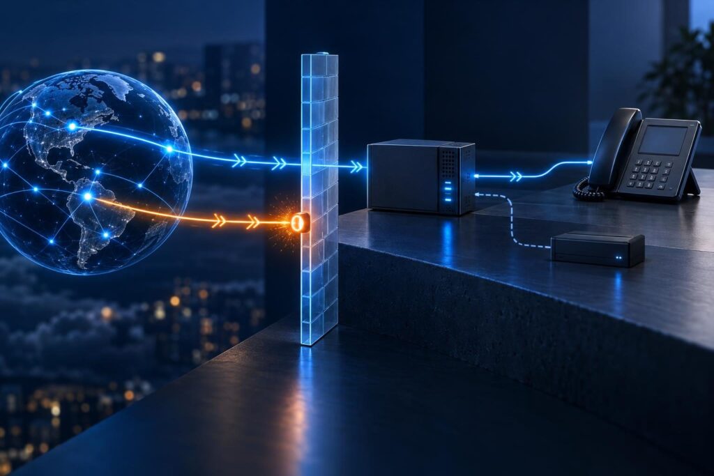 PBX inbound call failures illustrated by a blocked incoming signaling path while the outbound path crosses the firewall successfully.