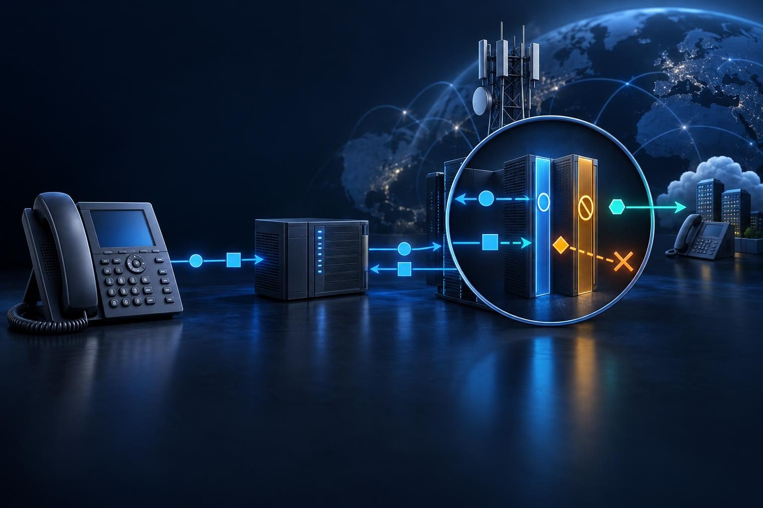SIP 403 vs 401 illustrated through a phone, PBX, authentication challenge loop, and separate carrier policy refusal gate